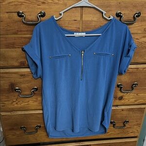 Blue Women's Top with Gold Zipper Detail